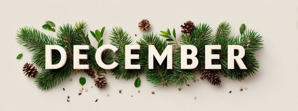 Vibrant photo of festive december text with pine branches and cones isolated on white background