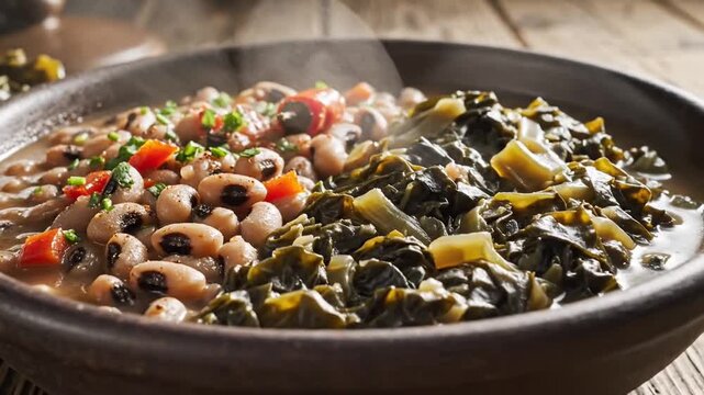 Southern New Year Feast Black Eyed Peas Collard Greens Served in a Rustic Ceramic Bowl on Weathered Wooden Table High Angle View with Steam