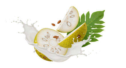 Dynamic composition of fresh tropical fruit slices creating a vibrant milk splash, emphasizing healthy ingredients and natural refreshment for beverages and desserts
