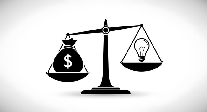 Money versus idea balancing financial value and creative innovation isolated on white background