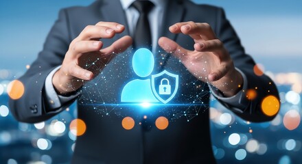 Businessman protecting a glowing user icon with a security shield for data privacy and cybersecurity.