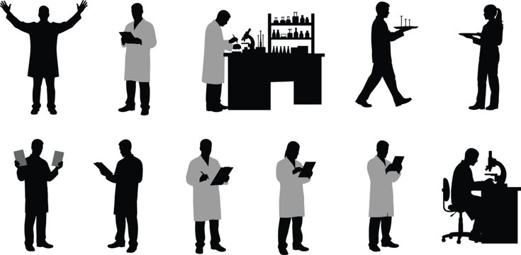 Set of scientist silhouettes working in laboratory including men and women with microscopes clipboards and test tubes isolated on white background for medical research design.