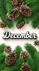 Vibrant photo of vertical december text with pine branches and cones isolated on white background