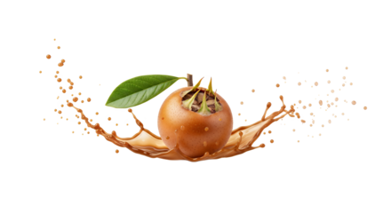 Ripe medlar fruit, Mespilus germanica, with a vibrant green leaf, creating a dynamic splash of brown juice on a clean white background