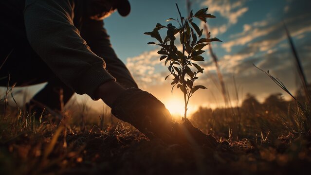 Person planting a small tree at sunrise, emotional tone of renewal and self-growth, cinematic wide shot