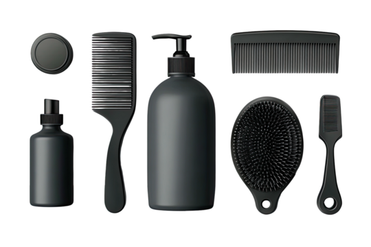 Matte black grooming set bottle, combs, jar, and brush