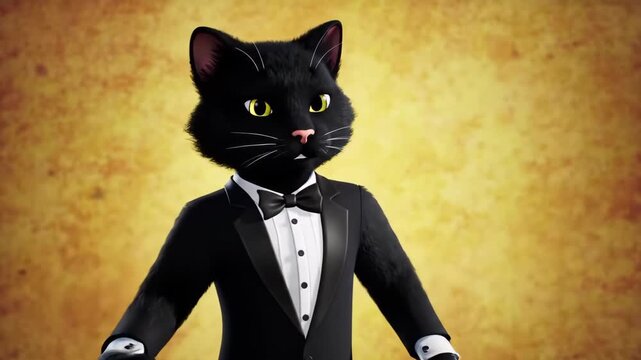 3D Animated Black Cat in Tuxedo Conducting an Orchestra with Expressive Gestures on a Golden Background.