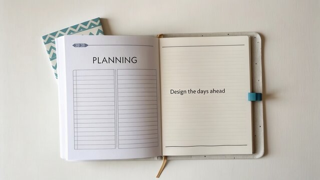 Open planner with creative design layout for planning and organizing daily tasks, showcasing empty pages for personal notes