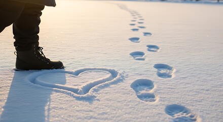 Footprints in the snow leading to a heart shape