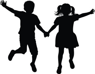 Silhouette of happy children holding hands and jumping together, childhood friendship concept, kids joy, fun playtime and outdoor activity illustration vector