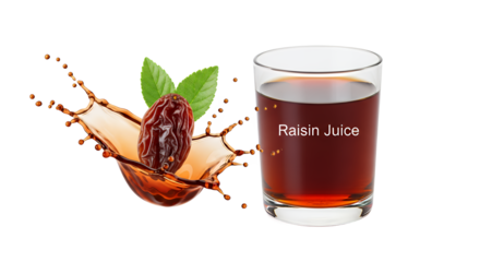 Delicious raisin juice splash captured mid-air next to a glass of dark reddish-brown raisin beverage