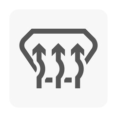 Sleek vector icon representing car defogger feature, illustrated with stylized windshield and upward airflow arrows. Ideal for dashboard indicator lights, automotive UI and technical design visuals.