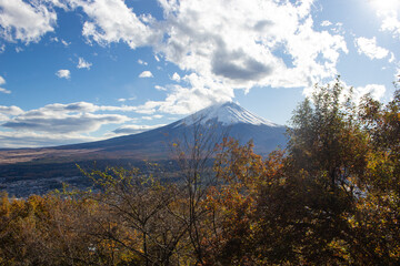 Beautiful Autumn landscape at Kawaguchigo or Lake Kawaguchi with Mount Fuji or Fujisan in background.  Yamanashi, Japan
