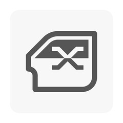 Clean, minimalist illustration of car door with X-mark symbol, representing child-safety window lock controls. Ideal for automotive dashboards, UI icons, vehicle manuals, and safety indicator graphics