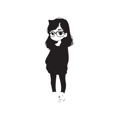 Beautiful Kawaii Girl Black and White Vector Illustration in Cute Simple Line Art Style