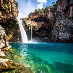 Naklejka premium Two waterfalls cascade into a turquoise pool, surrounded by cliffs