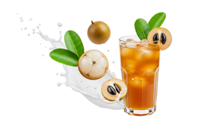 Refreshing iced tea with exotic sapodilla fruit and a dynamic milk splash, showcasing fresh tropical flavors and a vibrant beverage concept on a clean white background