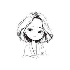 Beautiful Kawaii Girl Black and White Vector Illustration in Cute Simple Line Art Style