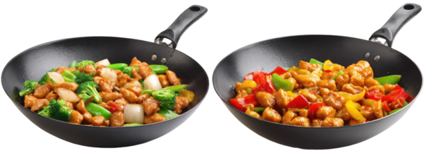 Two wok dishes of stir-fried chicken