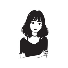 Beautiful Kawaii Girl Black and White Vector Illustration in Cute Simple Line Art Style