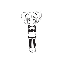 Beautiful Kawaii Girl Black and White Vector Illustration in Cute Simple Line Art Style