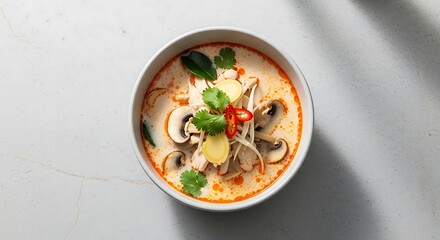 Aromatic and flavorful Thai coconut chicken soup, elegantly prepared with fresh ingredients and vibrant garnishes, offering a comforting and traditional culinary experience