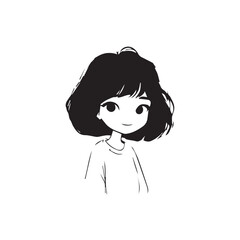 Beautiful Kawaii Girl Black and White Vector Illustration in Cute Simple Line Art Style