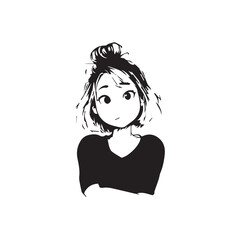 Beautiful Kawaii Girl Black and White Vector Illustration in Cute Simple Line Art Style