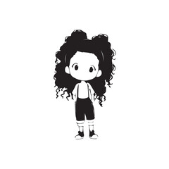 Beautiful Kawaii Girl Black and White Vector Illustration in Cute Simple Line Art Style