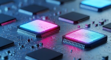 Close-up of glowing RGB microchips on a circuit board, representing modern hardware and futuristic digital technology.