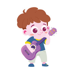 Cartoon boy playing a purple guitar happily.