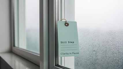 Still Step Note Hanging on Window with Droplets, Reflecting Moments of Clarity Amidst Rainy Weather and Tranquil Surroundings