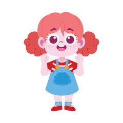 A cheerful cartoon girl with red hair in a playful pose.