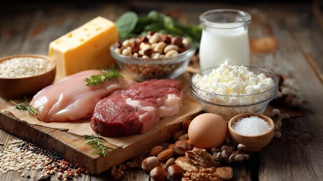 Protein Powerhouse: A visually striking arrangement of protein-rich foods, including cuts of meat and various dairy products, arranged meticulously
