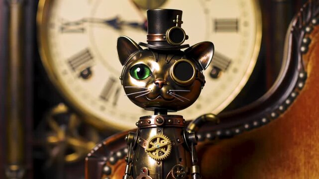 Steampunk Cat Robot with Clockwork Gears and Monocle.