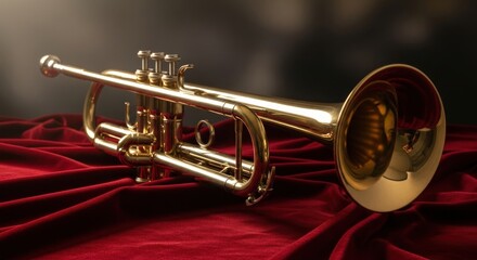 Gleaming Golden Trumpet on Luxurious Red Velvet, Dramatic Lighting