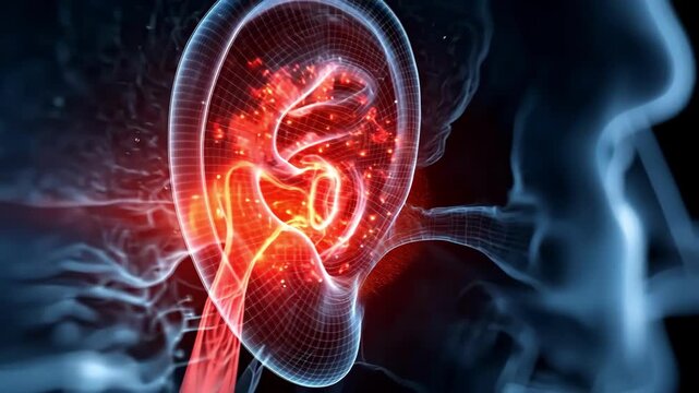 Ear pain illustration. Digital ear with red glow indicating infection or tinnitus.