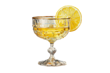 Golden drink in etched glass, lemon slice