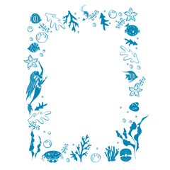 Obraz premium Doodle frame of fish, mermaid, shells, pearls, seaweed and bubbles. Frame on the theme of sea vacation. Vector illustration