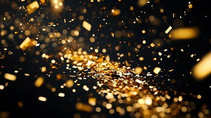 A view of golden confetti falling and scattered on a surface against a dark blurred background scene