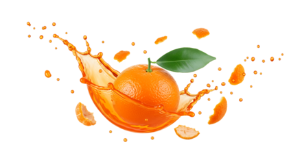 Explosion of fresh orange juice with a whole orange and splashing liquid on a white background