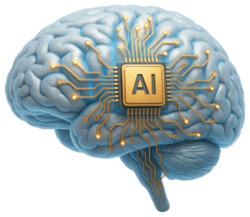 Gray Human Brain with AI Chip and Circuitry on White Background mind intelligence isolated on a transparent background