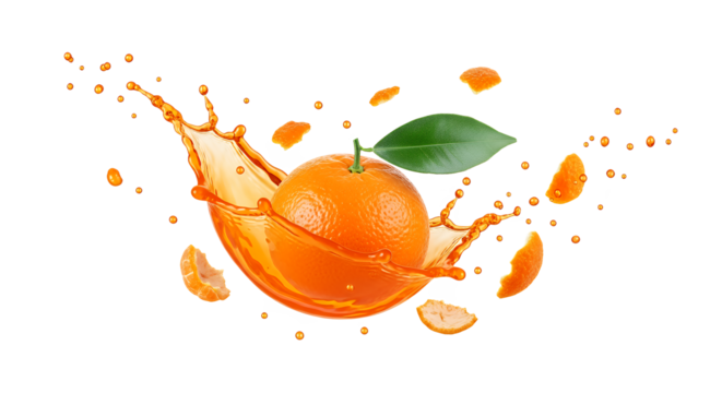 Explosion of fresh orange juice with a whole orange and splashing liquid on a white background - Powered by Adobe