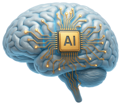 Gray Human Brain with AI Chip and Circuitry on White Background mind intelligence isolated on a transparent background