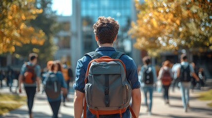 Back view of a student with backpack walking on campus in autumn with other students blurred behind him