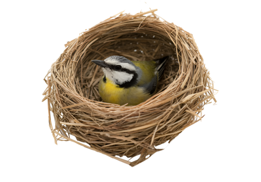 Small bird nesting in a natural twig nest isolated on transparent background