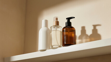 A technically perfect studio shot captures three different blank cosmetic bottles arranged by height on a clean white shelf against a soft warm neutral background