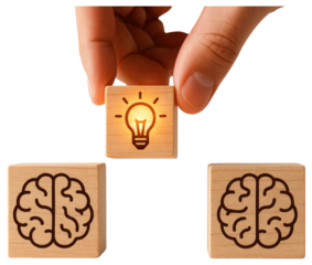 Hand placing lightbulb cube connecting two brain cubes symbolizing idea generation and thought process isolated on a transparent background