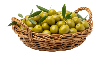 A woven basket overflowing with fresh green olives and their leaves, hinting at Mediterranean flavors and healthy cuisine