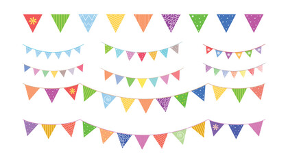Colorful festive bunting flags in various patterns and colors.